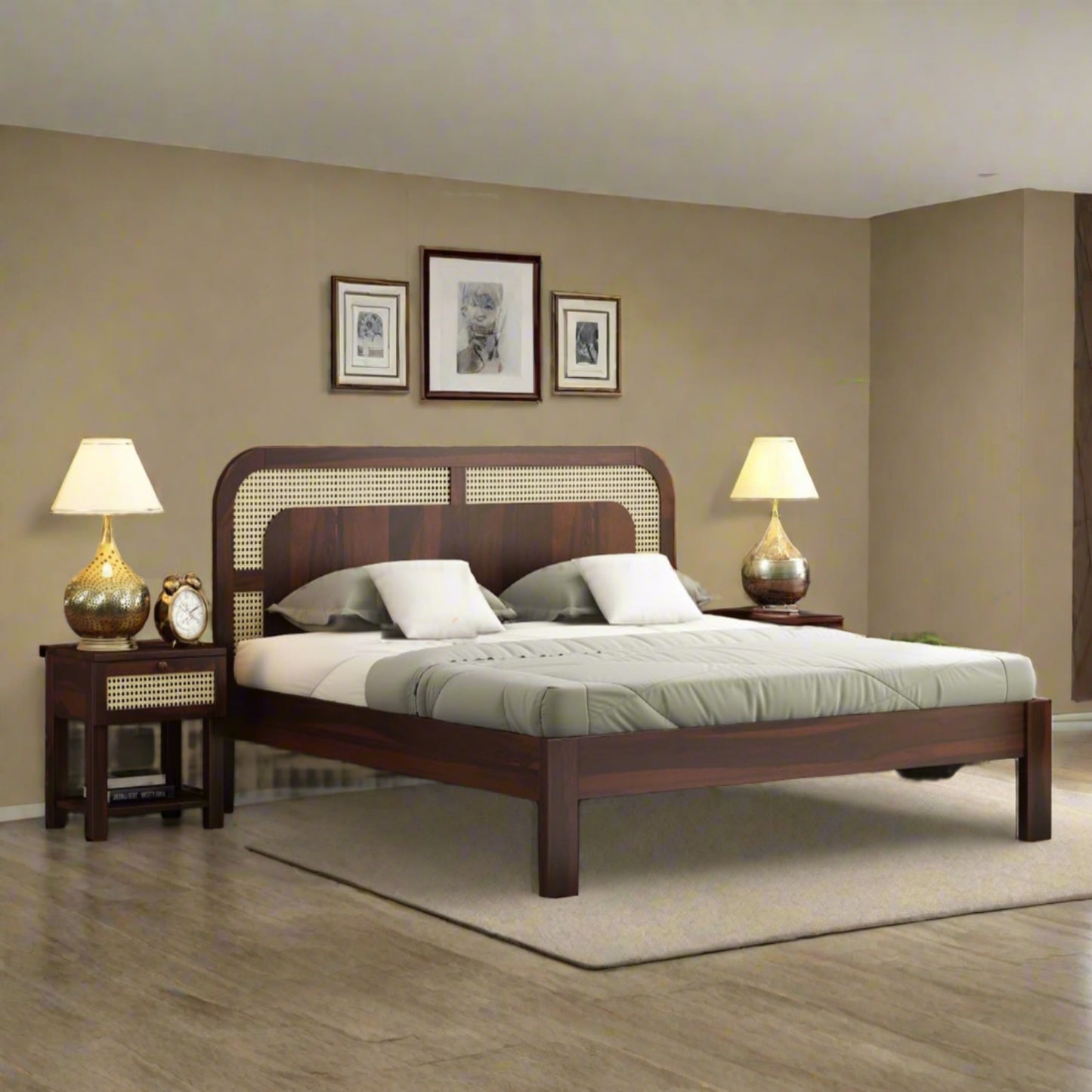 Solid Wood Rattan Bed For Bedroom | Cane Bed For Home - Advika - Akway