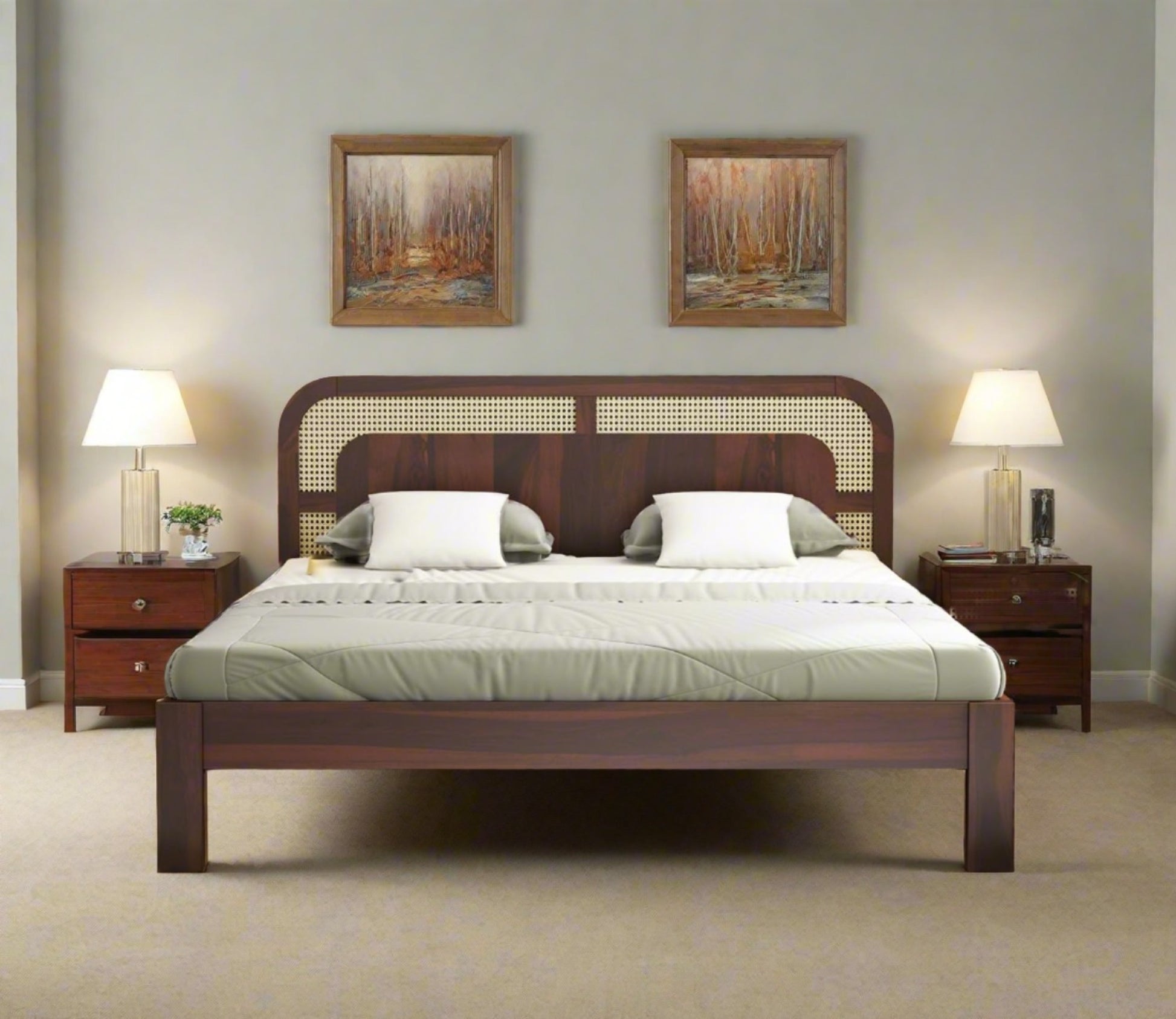 Solid Wood Rattan Bed For Bedroom | Cane Bed For Home - Advika - Akway