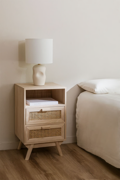 Rattan & Mango Wood Bedside Table with Drawers | Wooden Bedside Table -Agnes