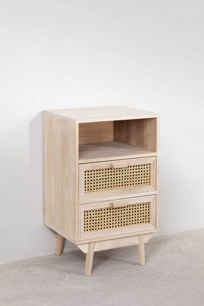 Rattan & Mango Wood Bedside Table with Drawers | Wooden Bedside Table -Agnes