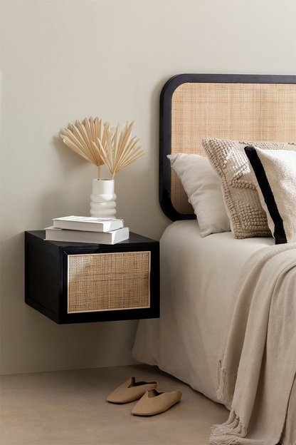 Rattan & Wood Wall-Mounted Bedside Table | Wooden Bedside Table - Gemma - Akway