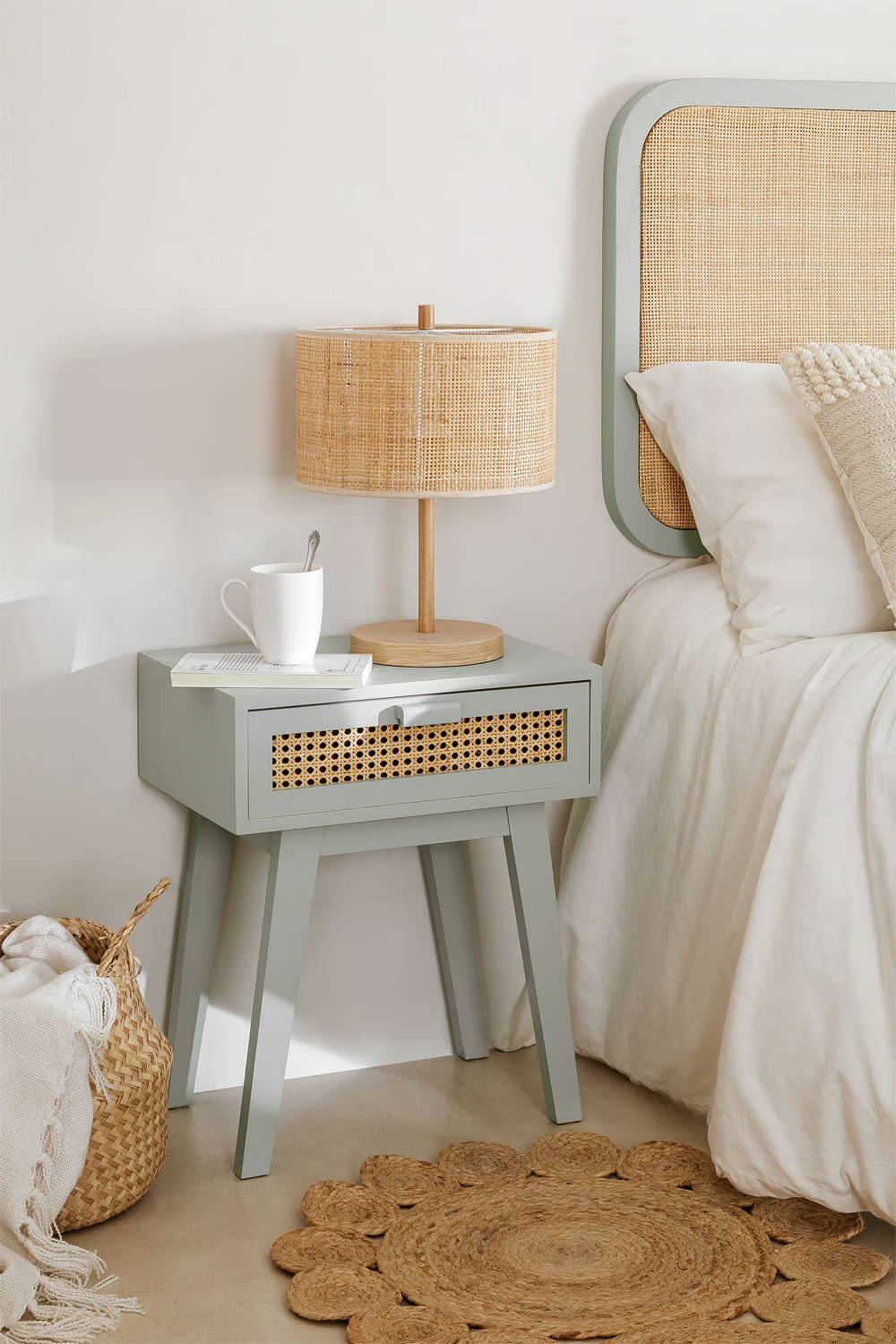 Rattan & Mango Wood Bedside Table | Wooden Bedside Table - Kiara - Akway