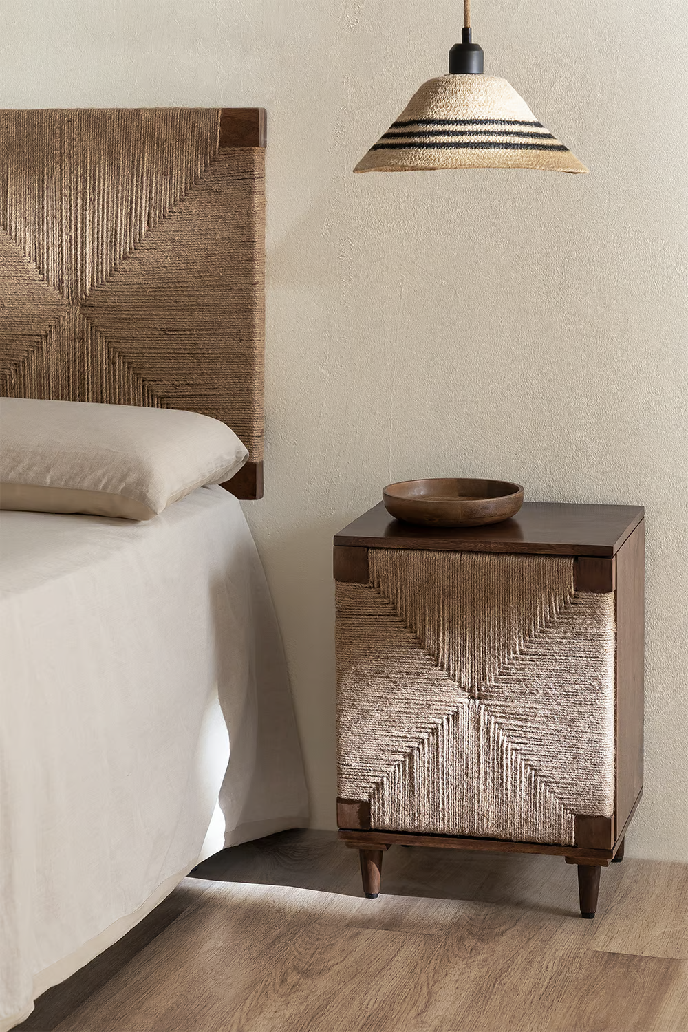 Mango Wood & Jute Bedside Table | Wooden Bedside Table - Daisy - Akway