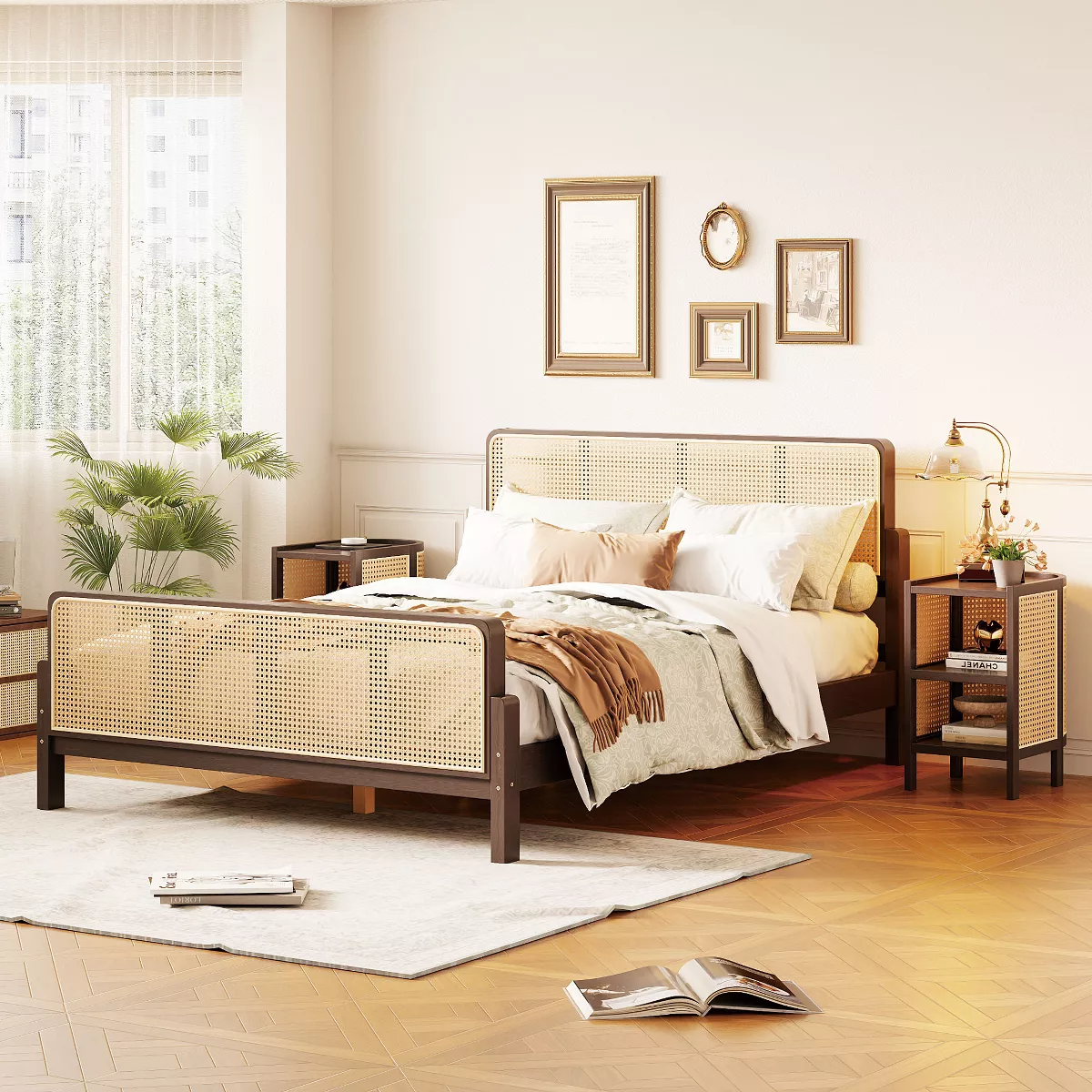 Solid Wood Rattan Bed For Bedroom | Cane Bed For Home - Aanya