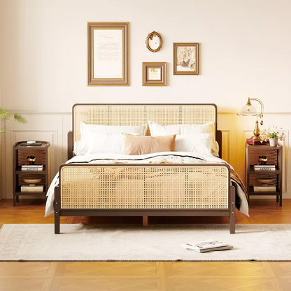 Solid Wood Rattan Bed For Bedroom | Cane Bed For Home - Aanya