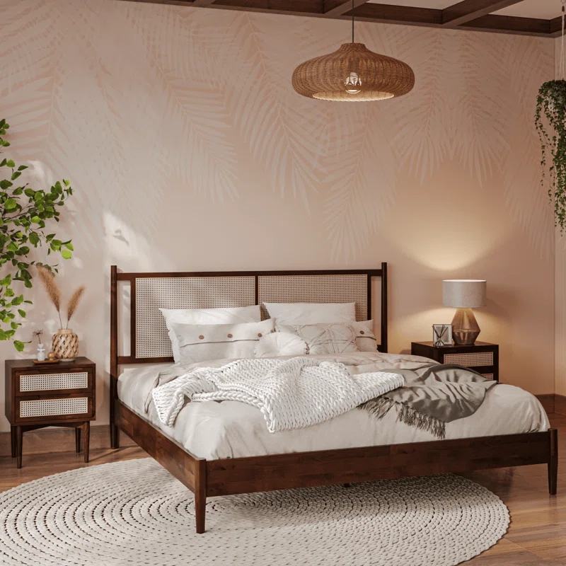 Solid Wood Rattan Bed For Bedroom | Cane Bed For Home -Amara