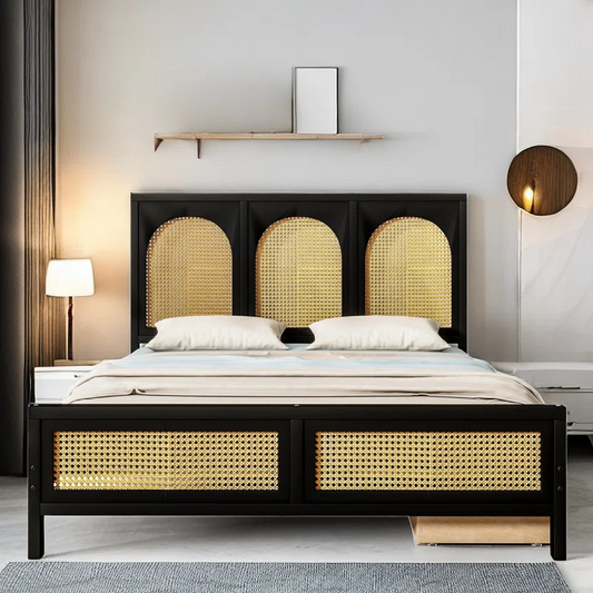 Solid Wood Rattan Bed For Bedroom | Cane Bed For Home -Navi