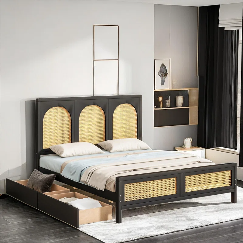 Solid Wood Rattan Bed For Bedroom | Cane Bed For Home -Navi