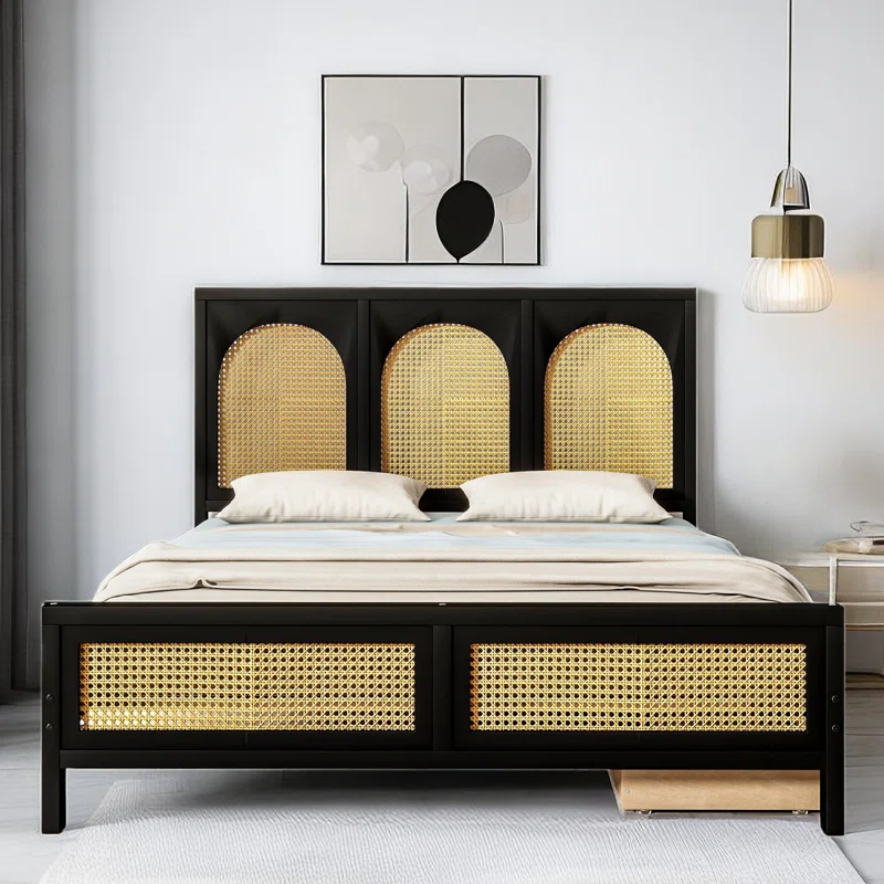 Solid Wood Rattan Bed For Bedroom | Cane Bed For Home -Navi