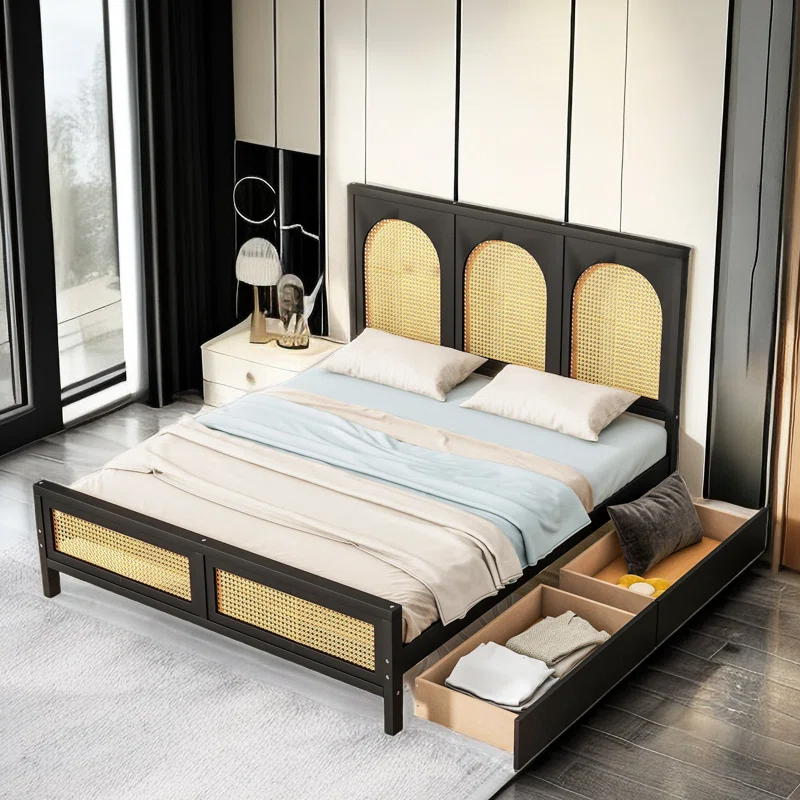 Solid Wood Rattan Bed For Bedroom | Cane Bed For Home -Navi