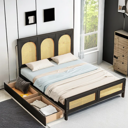 Solid Wood Rattan Bed For Bedroom | Cane Bed For Home -Navi