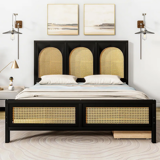 Solid Wood Rattan Bed For Bedroom | Cane Bed For Home -Nirav