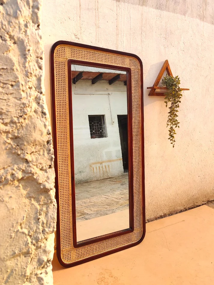 Bamboo Wall Mirror for living room | Cane Wall Mirror | Rattan Mirror -Akriti - Akway