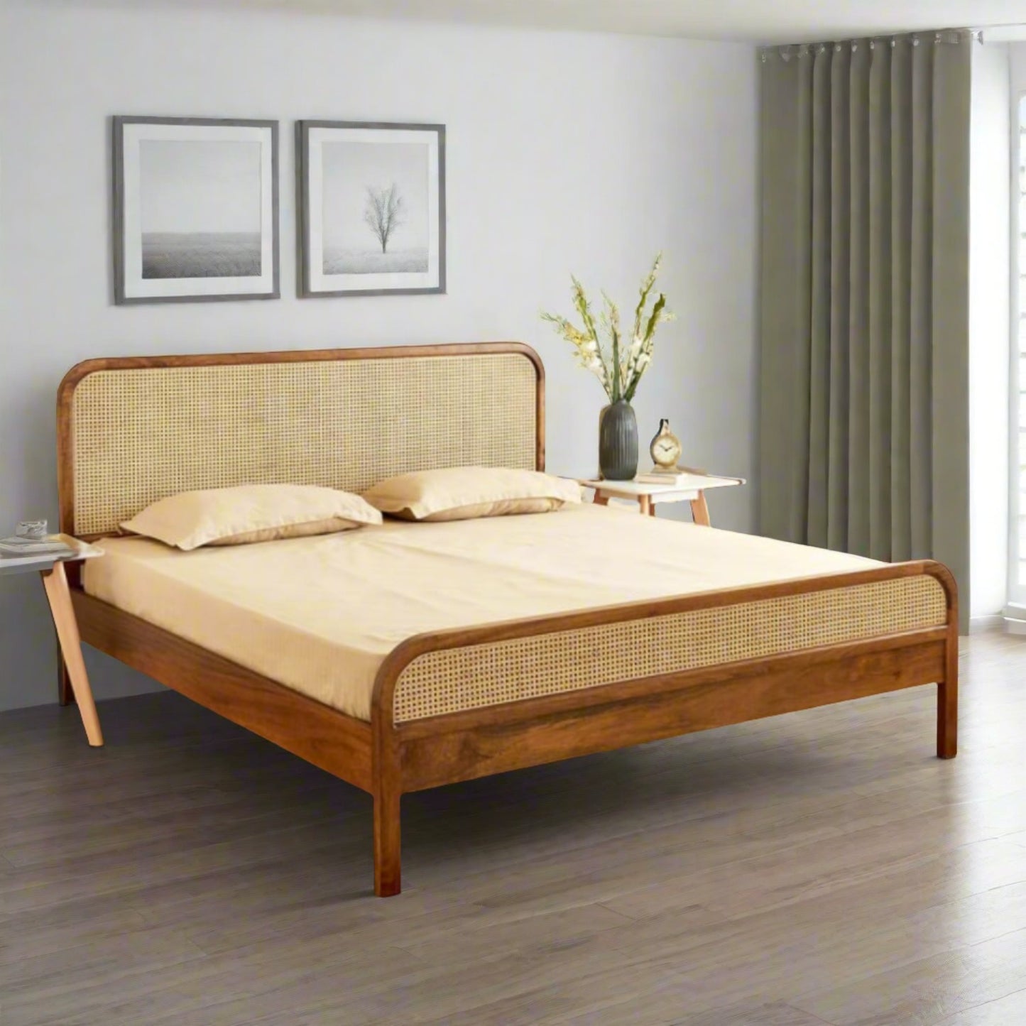 Solid Wood Wicker Bed For Bedroom | Rattan Bed - Aahana - Akway