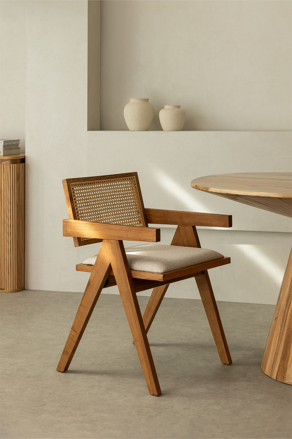 Rattan Dining Chair Teak Wood Finish | Woven Garden Chair Teak Wood Finish | Cane Dining chair | Terrace Chair- Avni - Akway