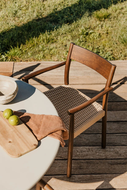 Rattan Dining Chair Teak Wood Finish | Woven Garden Chair For Study Teak Wood Finish | Cane Dining chair - Amber - Akway