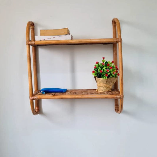 AKWAY Rattan Wall Shelf, Two Tier Wall Shelf, Boho Wall Shelf, Cane Shelf, Wooden Shelf, Hanging Shelf, Rattan Wall Planter, Rattan Flower Shelf - Akway