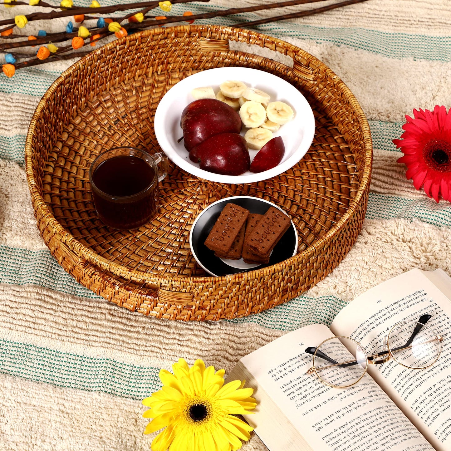 AKWAY Round Wicker Basket | Round Tray Wooden Serving Tray for Home | Serving Tray for Party Guests | Round Platter with Handles Diwali or Deepawali Gifts (15W x 15 L x 3H inch) (Brown) - Akway